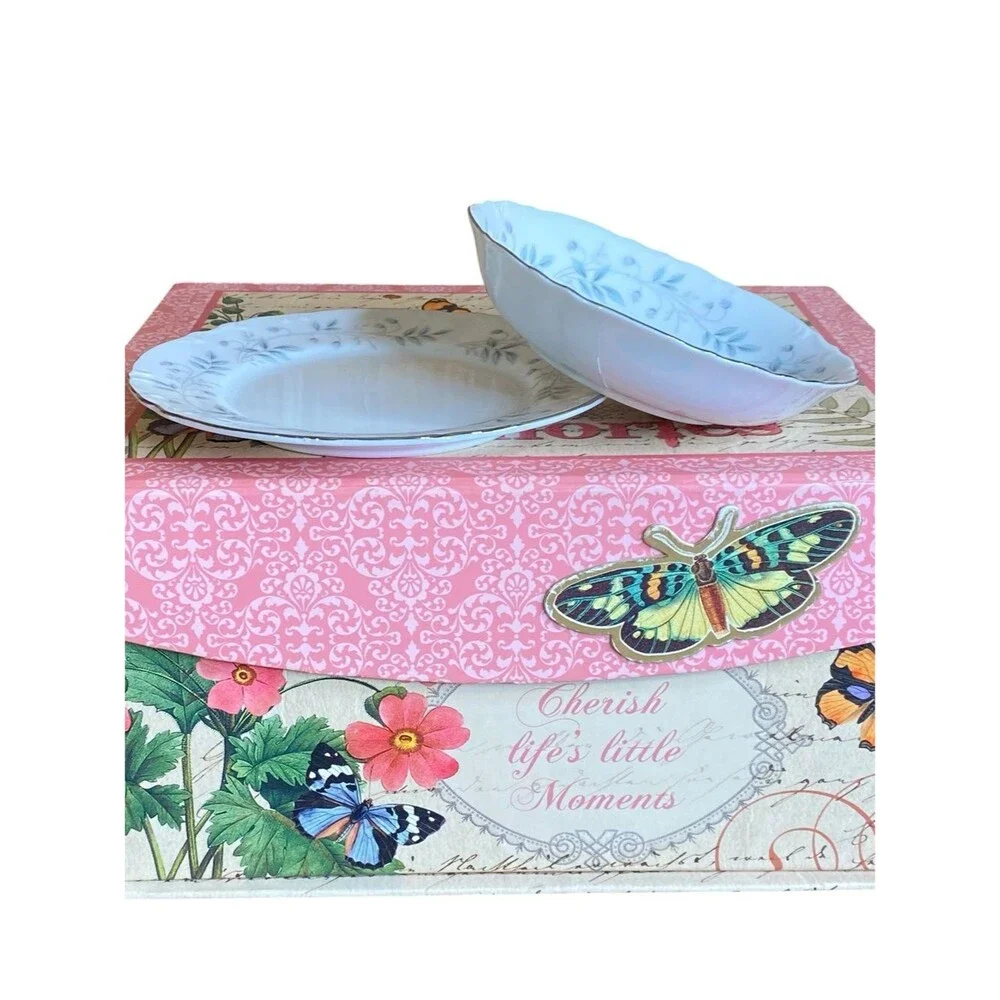 Mikasa Chalfonte Dessert Bowl Plate Set Blue White Floral Pattern Vtg Fine China